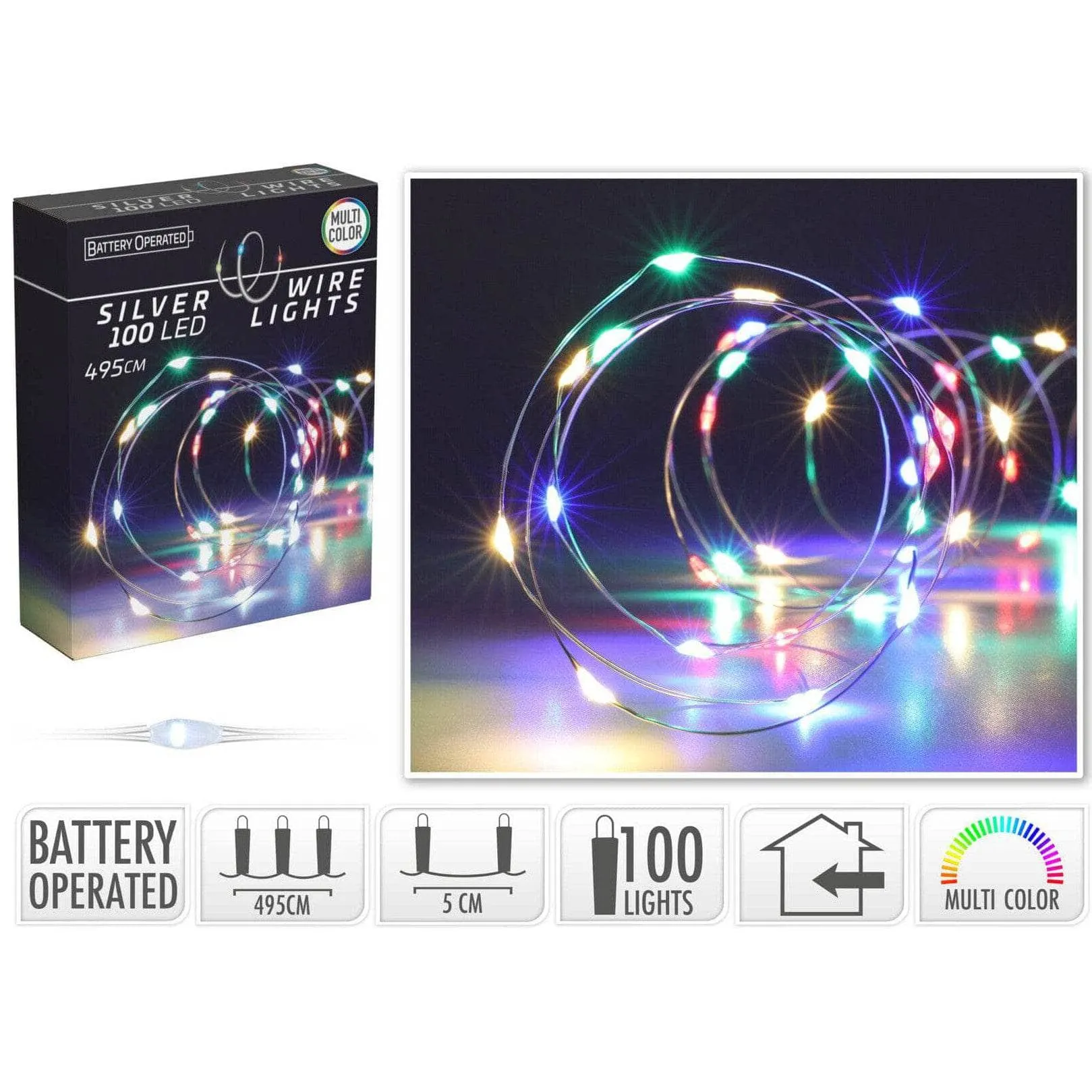 100 LED Silver Wire Lights - Multicoloured