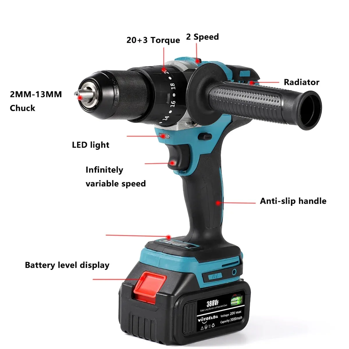 13mm Cordless Impact Drill 18V Electric Screwdriver Home Mini Brushless Impact Drill For Makita Battery Rechargeable Impact Dril