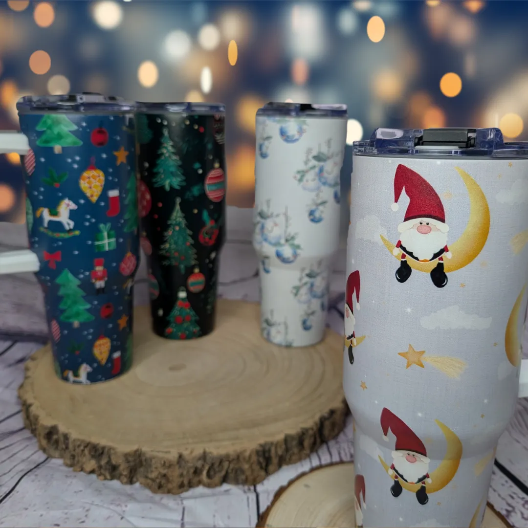 40oz/1200ml Christmas Stanley-Style Tumbler – with Festive Patterns (Zany, Traditional & Snowy Designs)