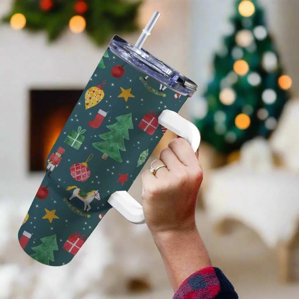 40oz/1200ml Christmas Stanley-Style Tumbler – with Festive Patterns (Zany, Traditional & Snowy Designs)