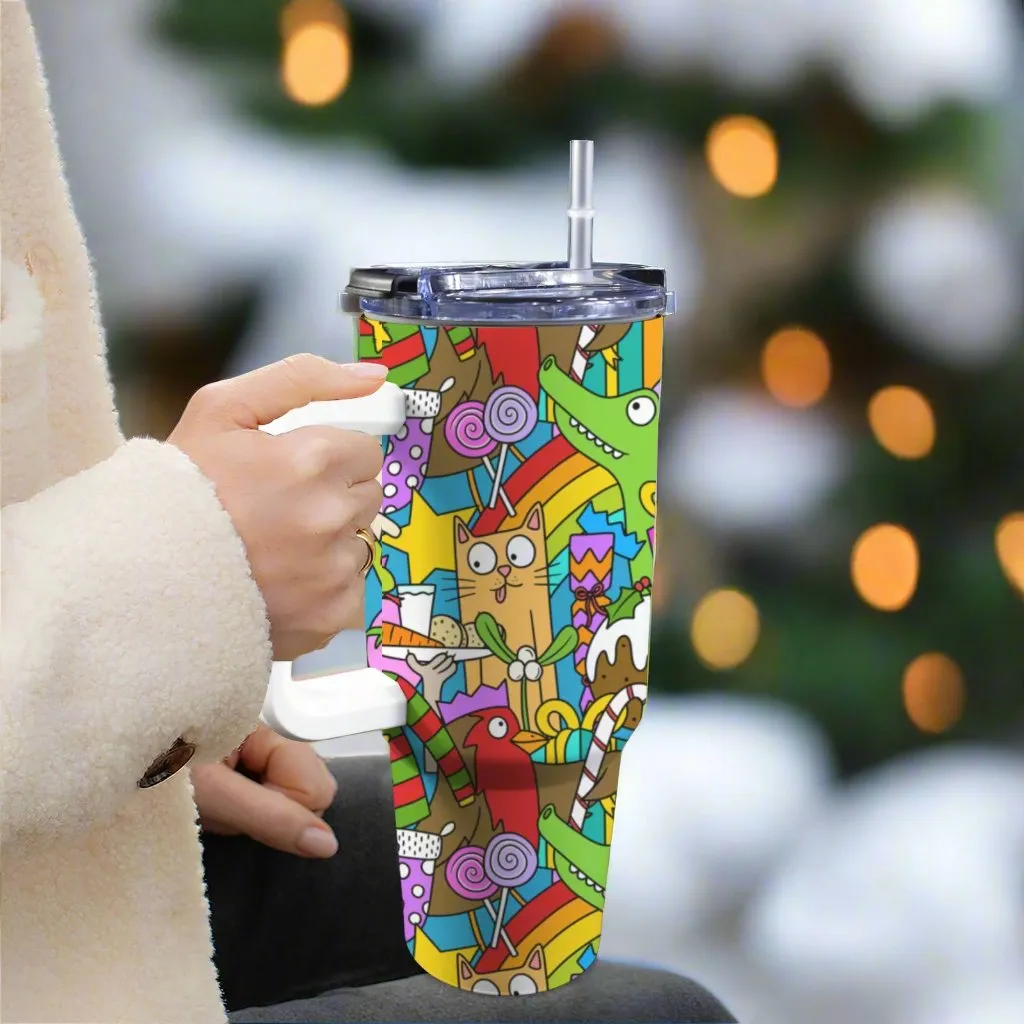 40oz/1200ml Christmas Stanley-Style Tumbler – with Festive Patterns (Zany, Traditional & Snowy Designs)