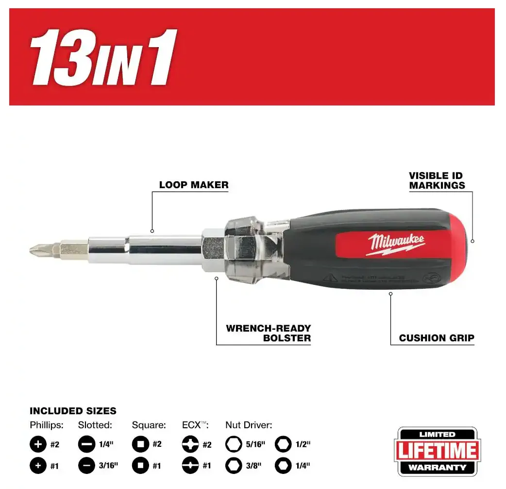 48-22-2880 Milwaukee 13-in-1 Multi Tip Cushion Grip Combo Screwdriver