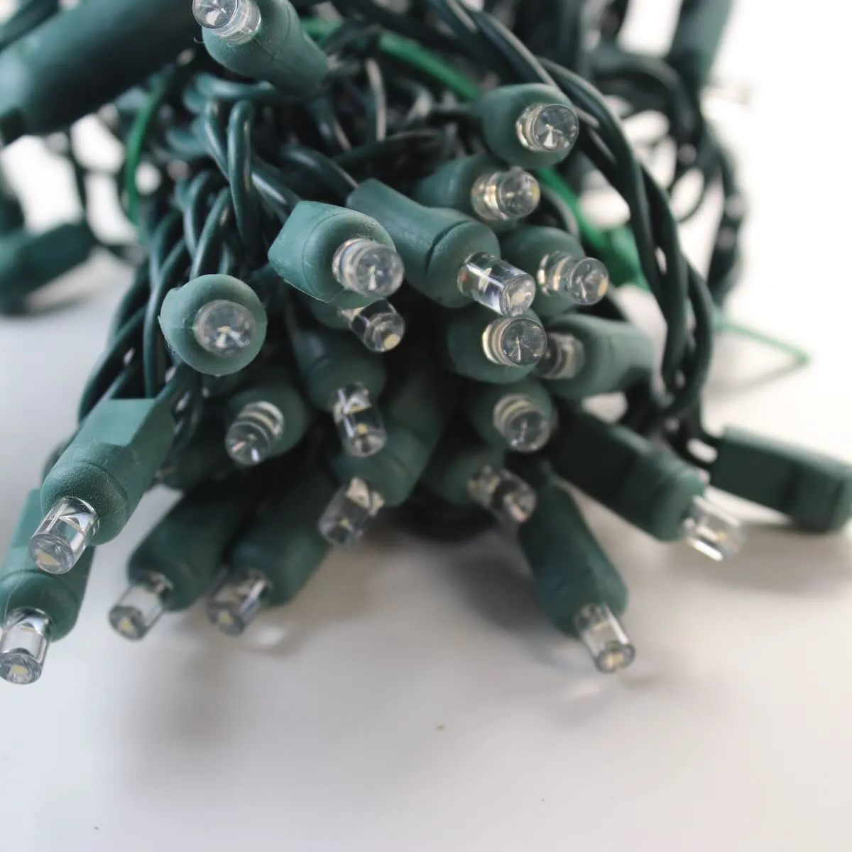 50-light  5mm Natural Pure White LED Christmas Lights, 4" Spacing Green Wire