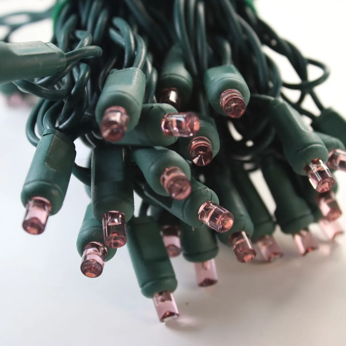 50-light  5mm Pink LED Christmas Lights, 6" Spacing Green Wire