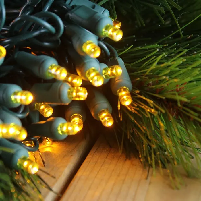 50-light  5mm Yellow LED Christmas Lights, 4" Spacing Green Wire