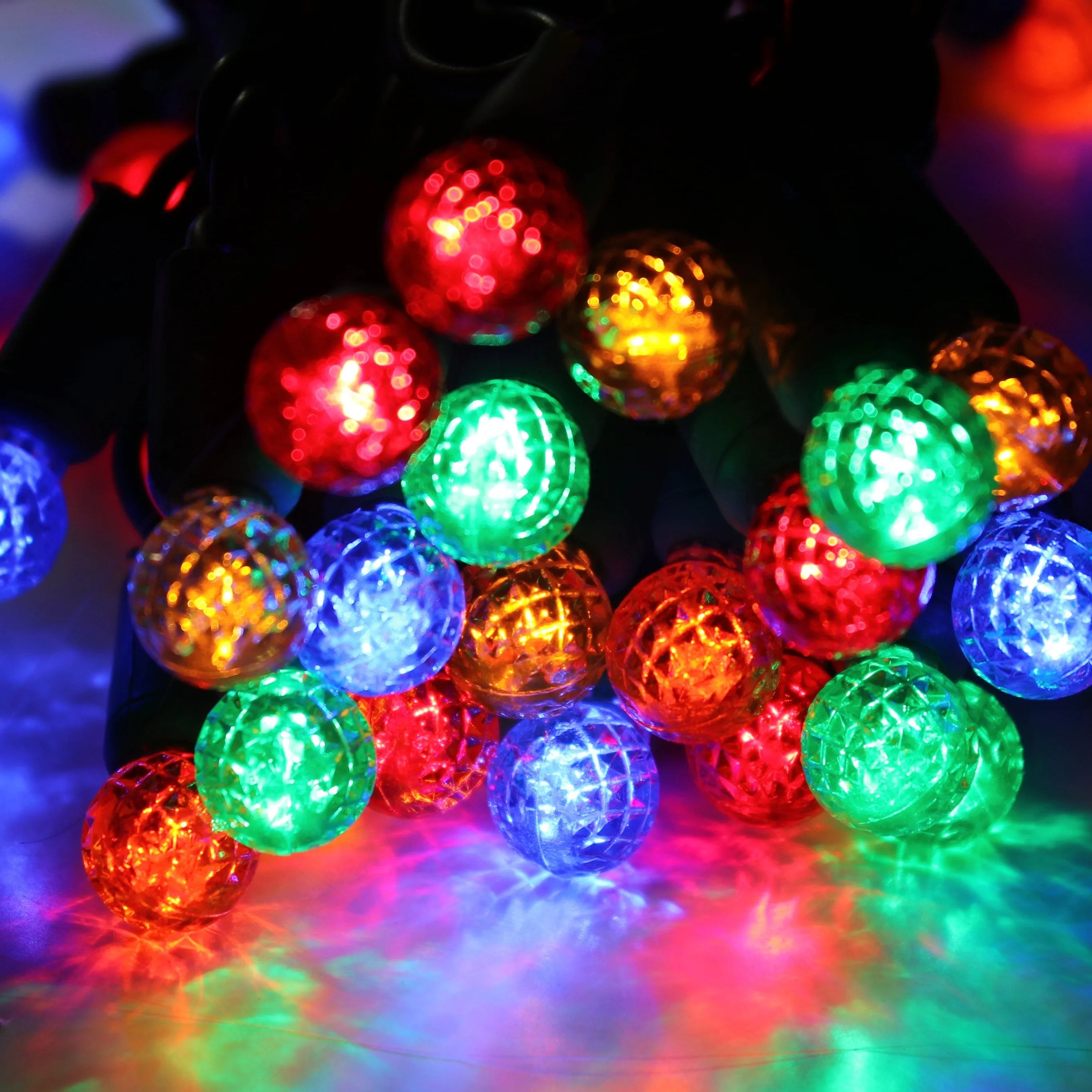 50-light  G12 Multicolor LED Christmas Lights, 4" Spacing Green Wire