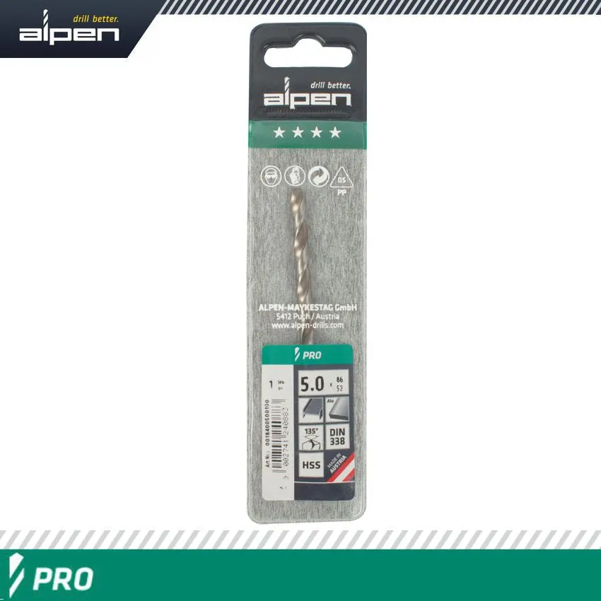 ALPEN ALPEN PRO HSS 5MM DRILL DIN 338 RN 135 SPLIT POINT PLASTIC WALLET  (1 ALP1840050