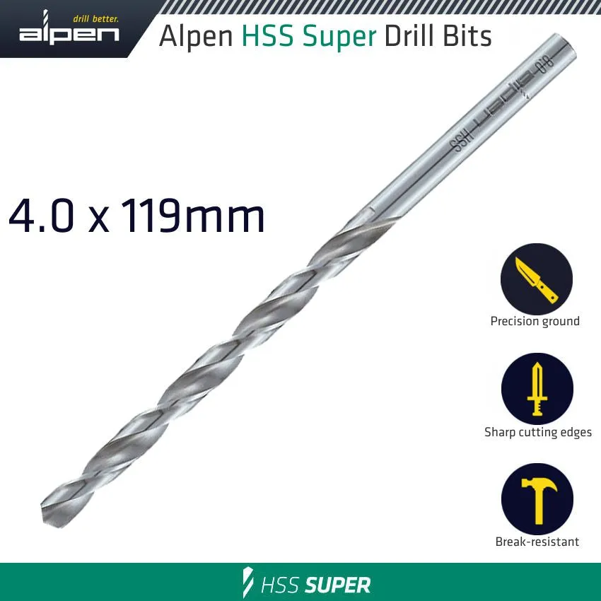 ALPEN HSS DRILL BIT LONG 4 X 119MM BULK ALP55104