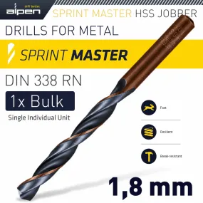 ALPEN HSS SPRINT MASTER 1.8MM BULK DIN 338 ALPEN DRILL BIT ALP6260018