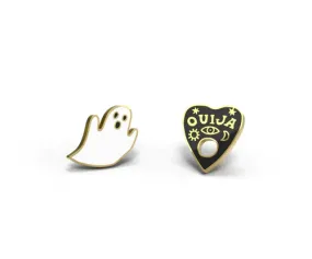 Asymmetrical Cloisonné Stud Earrings - Ghost & Ouija Board