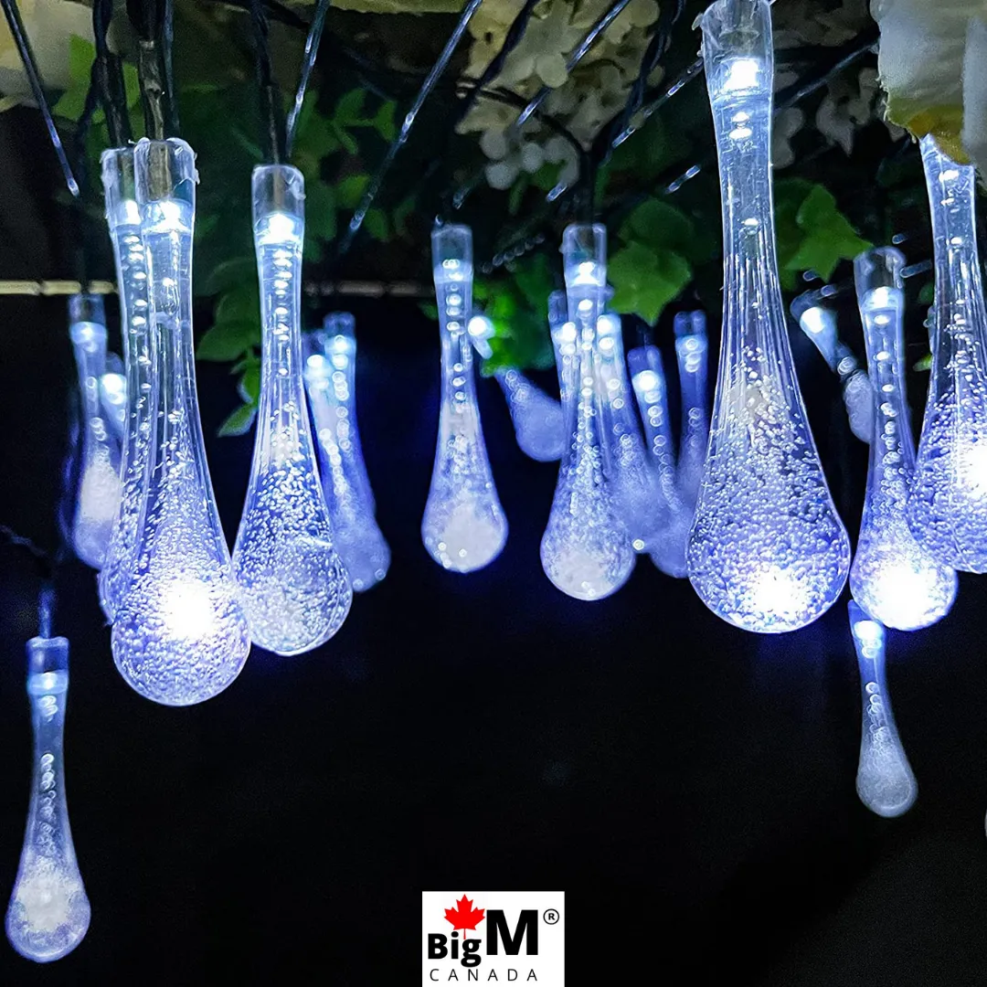 BigM Raindrop Shaped Cool White Glowing Outdoor Solar String Lights