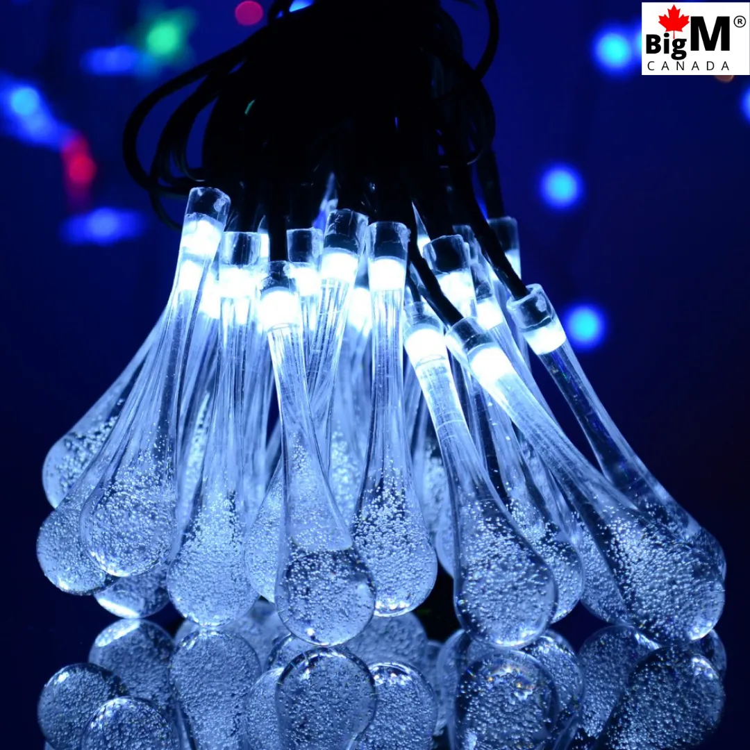 BigM Raindrop Shaped Cool White Glowing Outdoor Solar String Lights