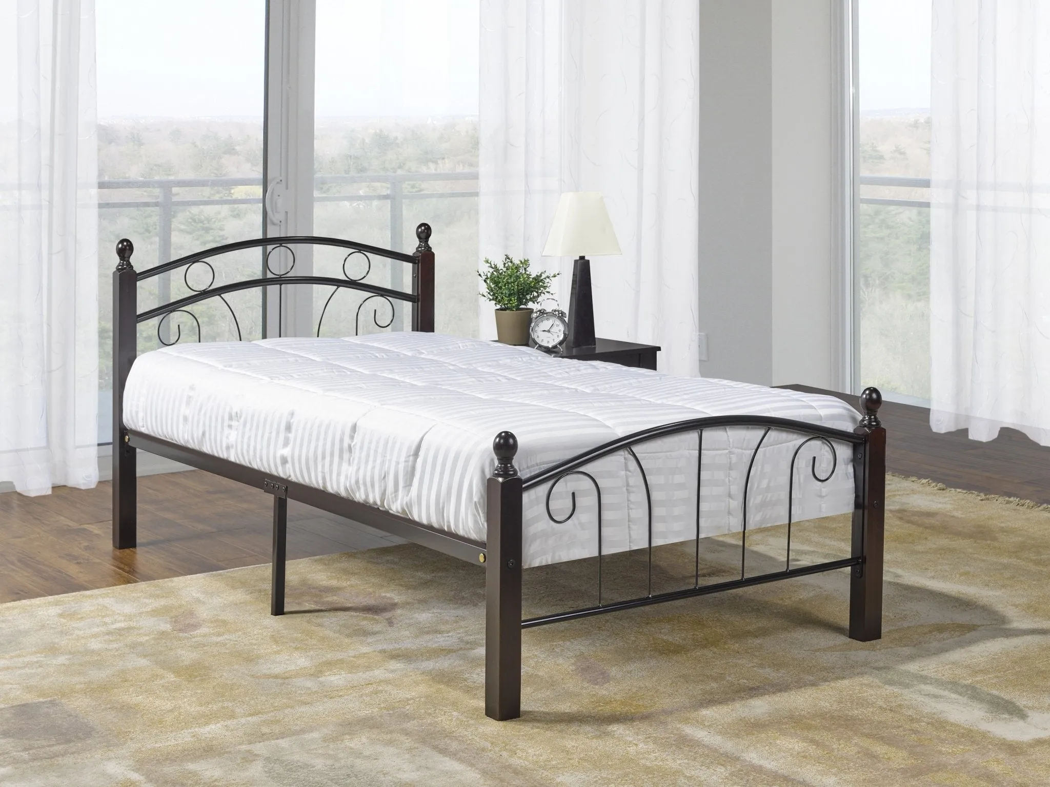 Black Metal Platform Bed with Cherry Wood Posts