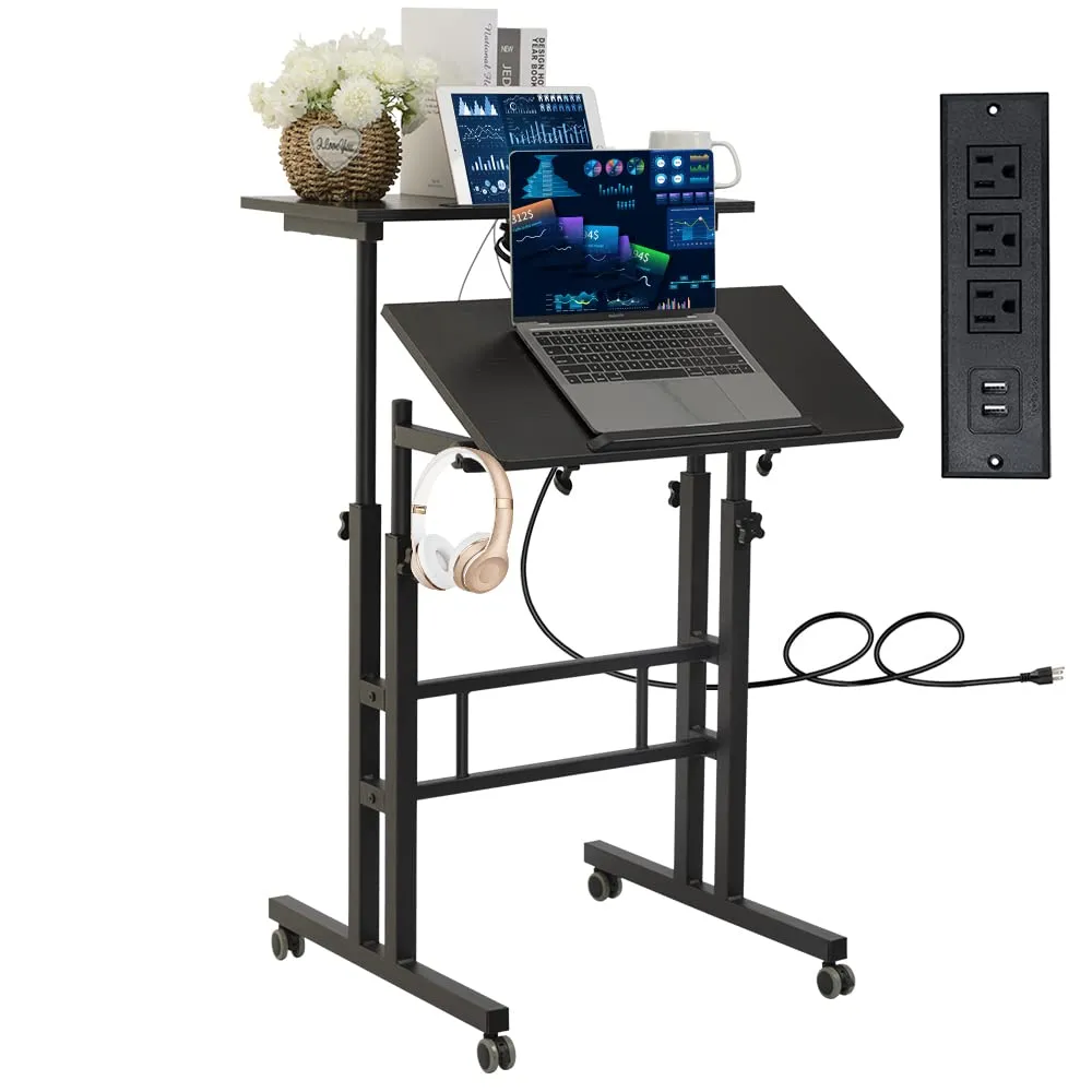 Black Upgrade Adjustable Standing Desk with Charging Station