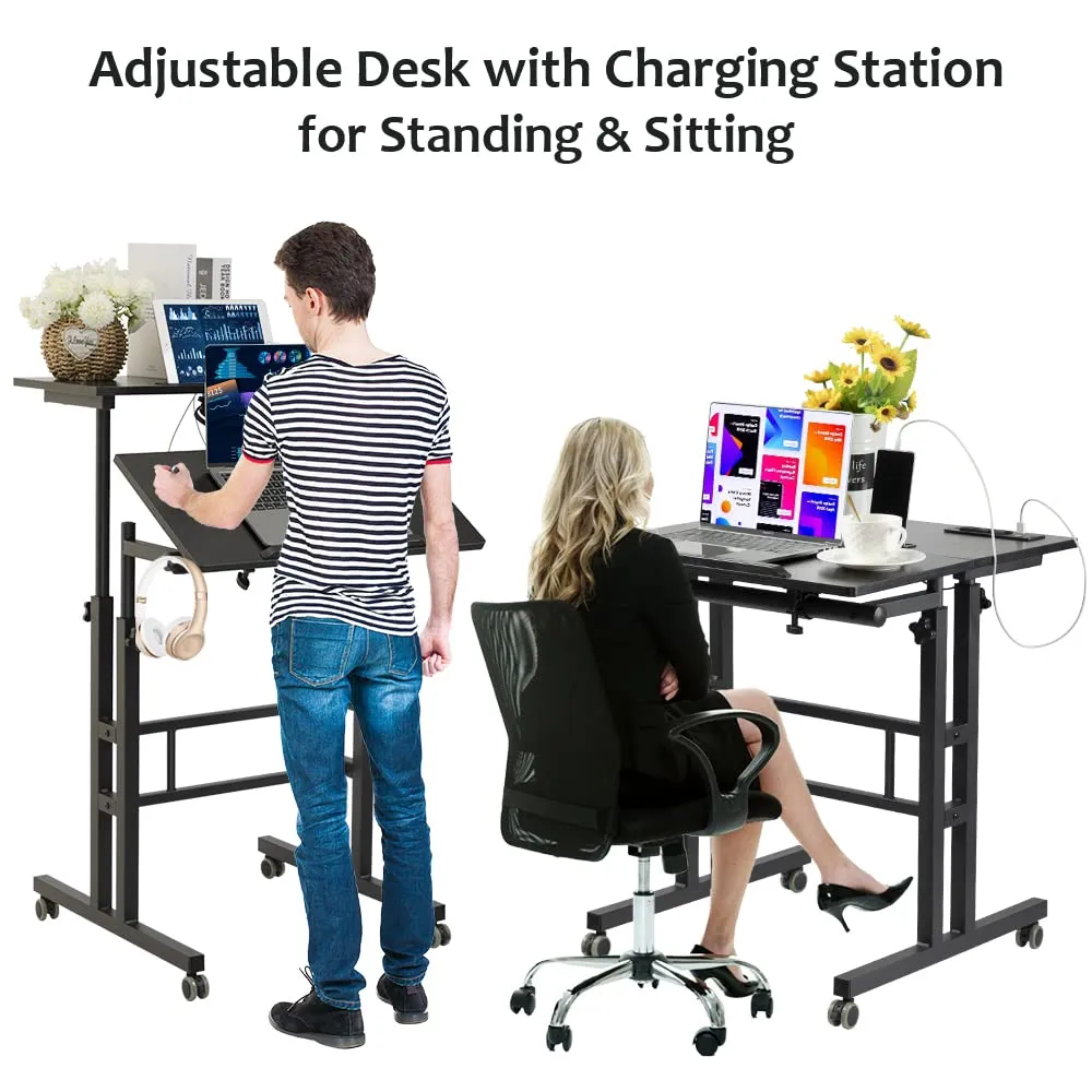 Black Upgrade Adjustable Standing Desk with Charging Station