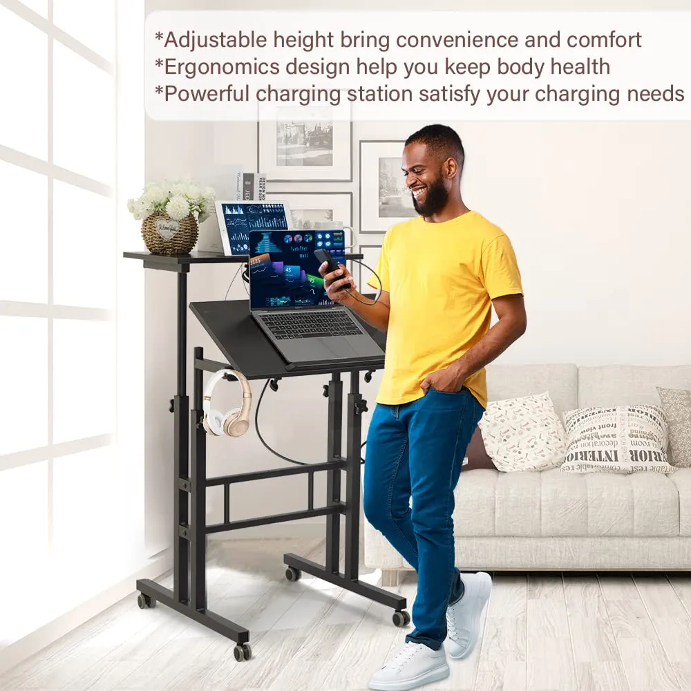 Black Upgrade Adjustable Standing Desk with Charging Station