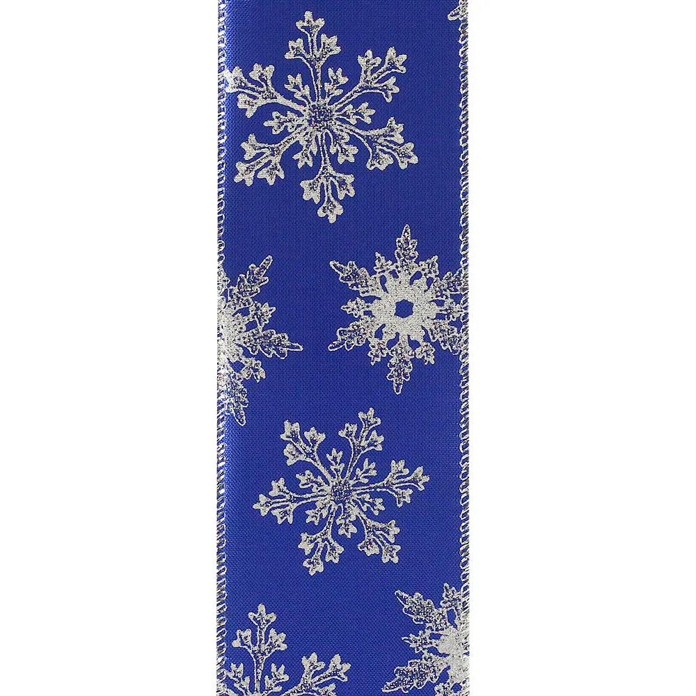 Blue Lamé Silver Snowflakes Ribbon - 2 1/2" x 10 Yards