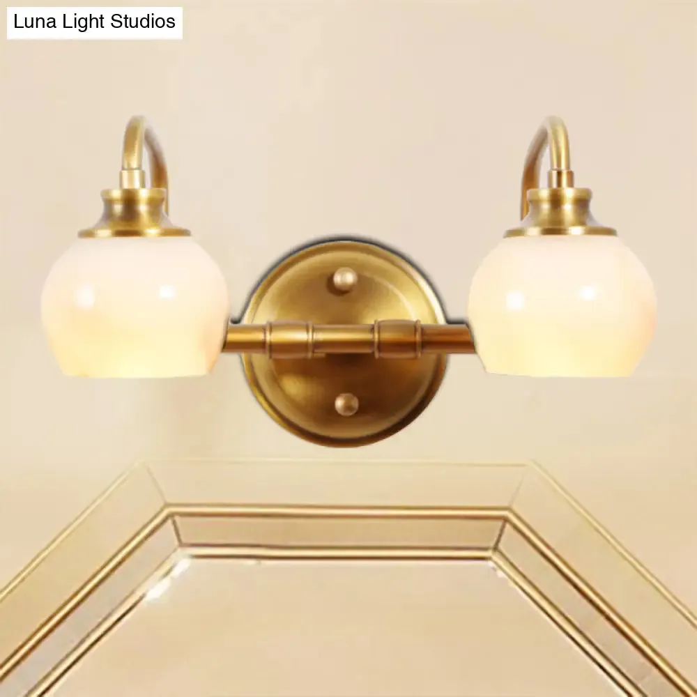 Brass Traditional White Glass Wall Sconce with Metal Curved Arm