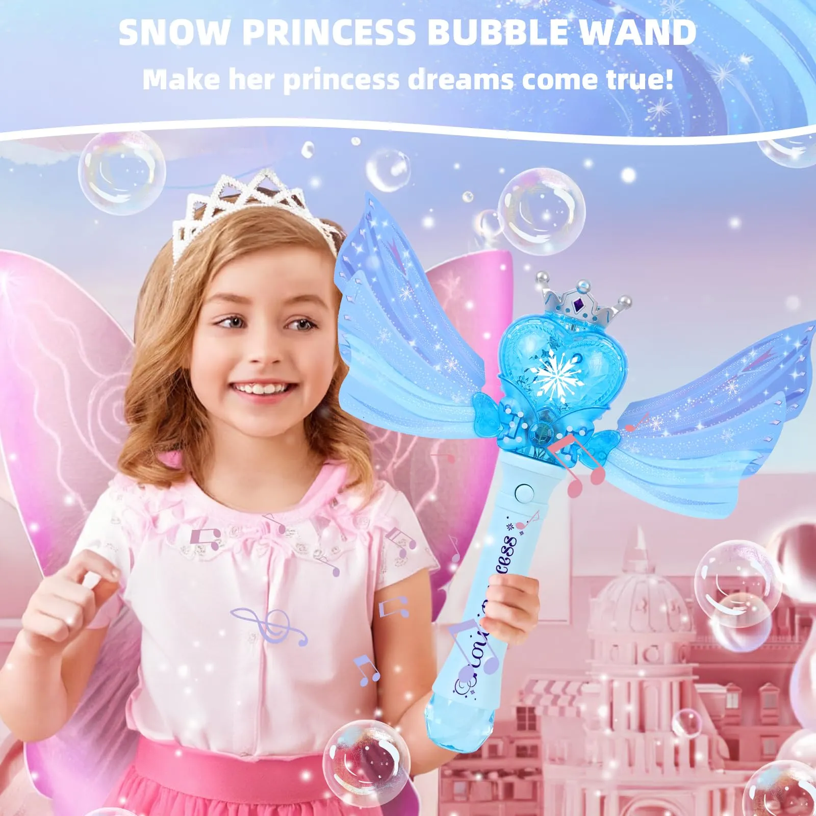 Bubble Wands for Kids Girls, Music & Light Up Bubble Machine: 4 AA Batteries & 2 Bubble Solutions, Outdoor Bubble Toys for Princess Parties Birthday Gift for 3 4 5 6 7 8 Year Old Girls（Blue）