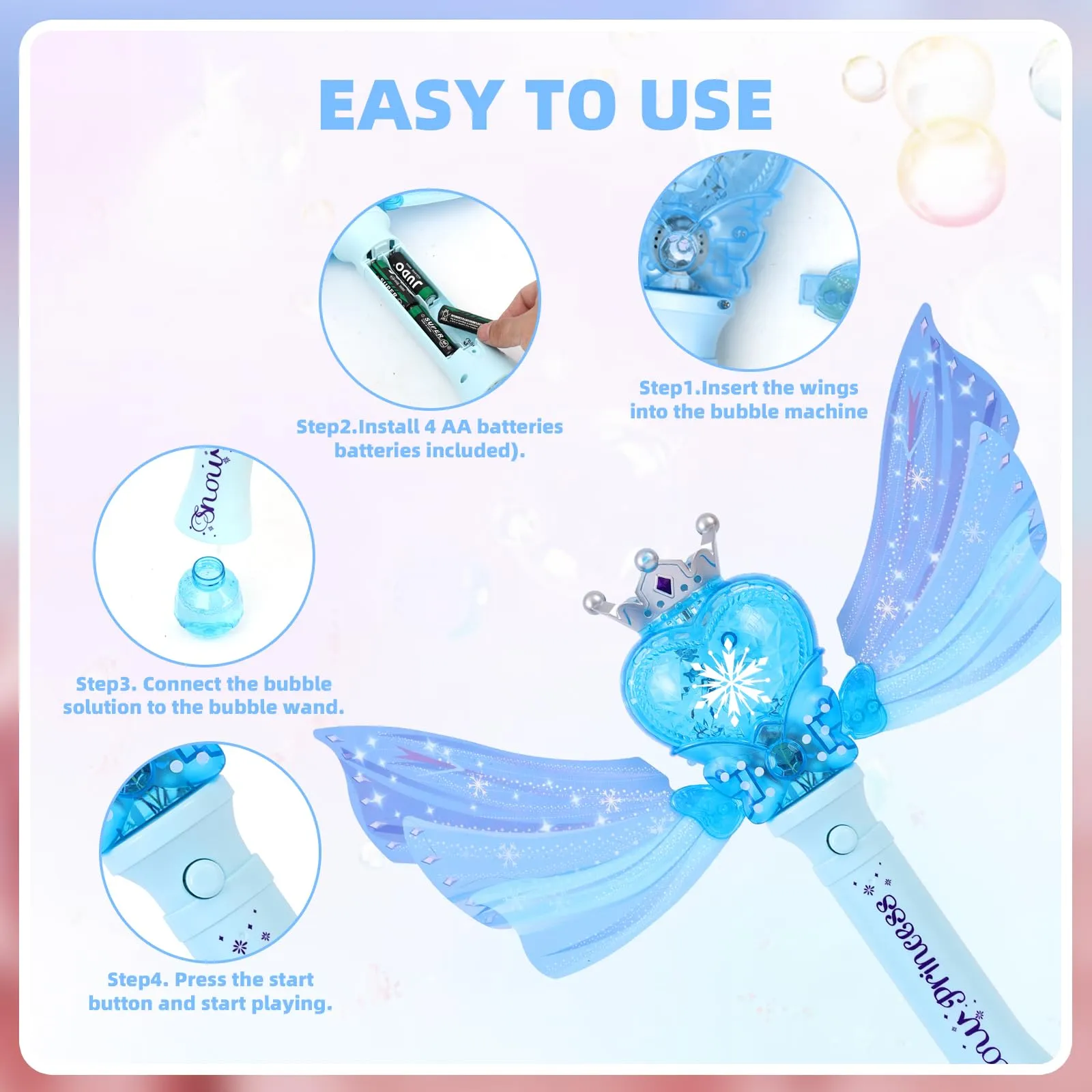 Bubble Wands for Kids Girls, Music & Light Up Bubble Machine: 4 AA Batteries & 2 Bubble Solutions, Outdoor Bubble Toys for Princess Parties Birthday Gift for 3 4 5 6 7 8 Year Old Girls（Blue）