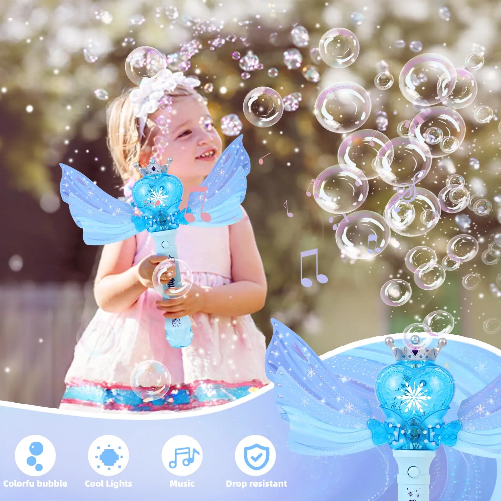 Bubble Wands for Kids Girls, Music & Light Up Bubble Machine: 4 AA Batteries & 2 Bubble Solutions, Outdoor Bubble Toys for Princess Parties Birthday Gift for 3 4 5 6 7 8 Year Old Girls（Blue）