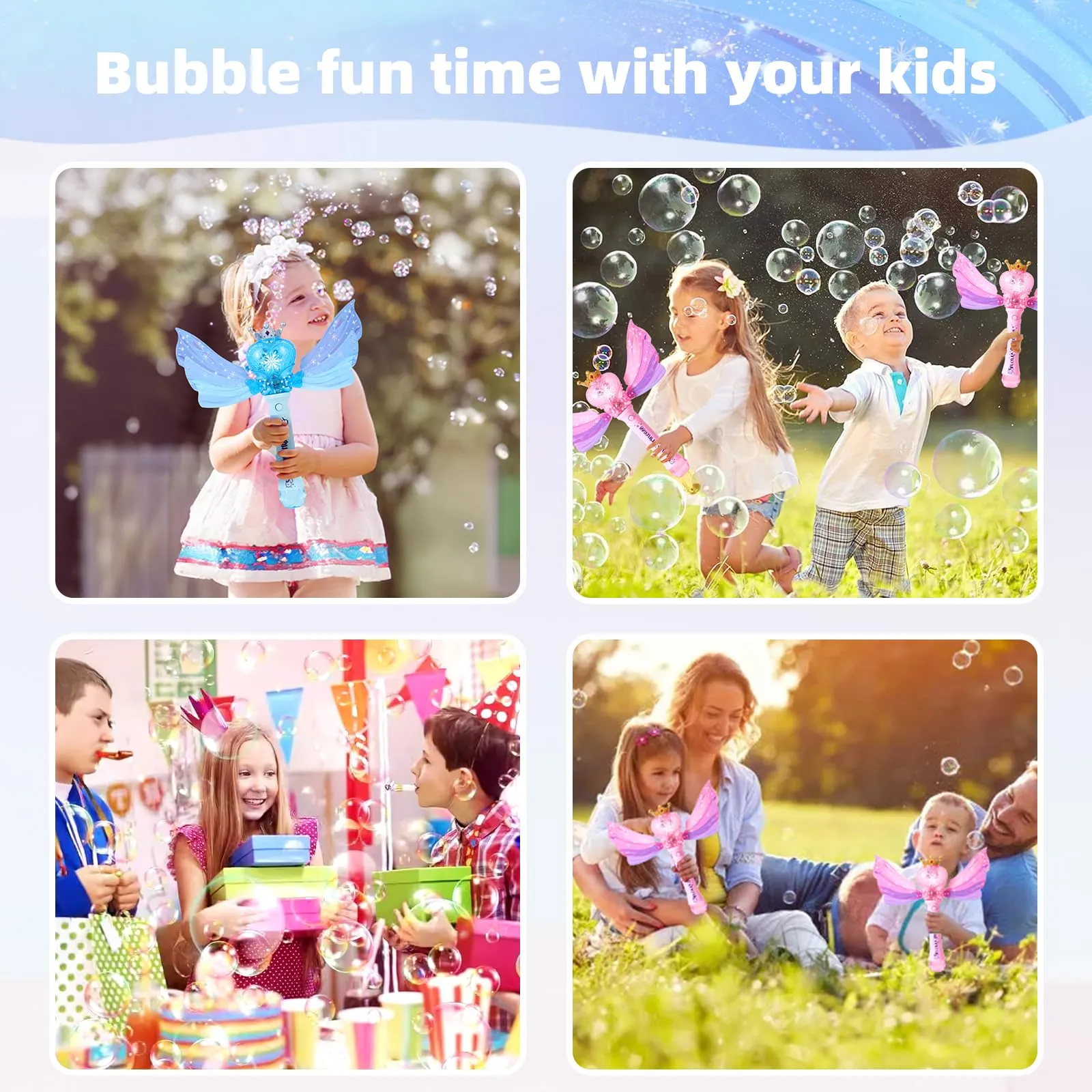 Bubble Wands for Kids Girls, Music & Light Up Bubble Machine: 4 AA Batteries & 2 Bubble Solutions, Outdoor Bubble Toys for Princess Parties Birthday Gift for 3 4 5 6 7 8 Year Old Girls（Blue）