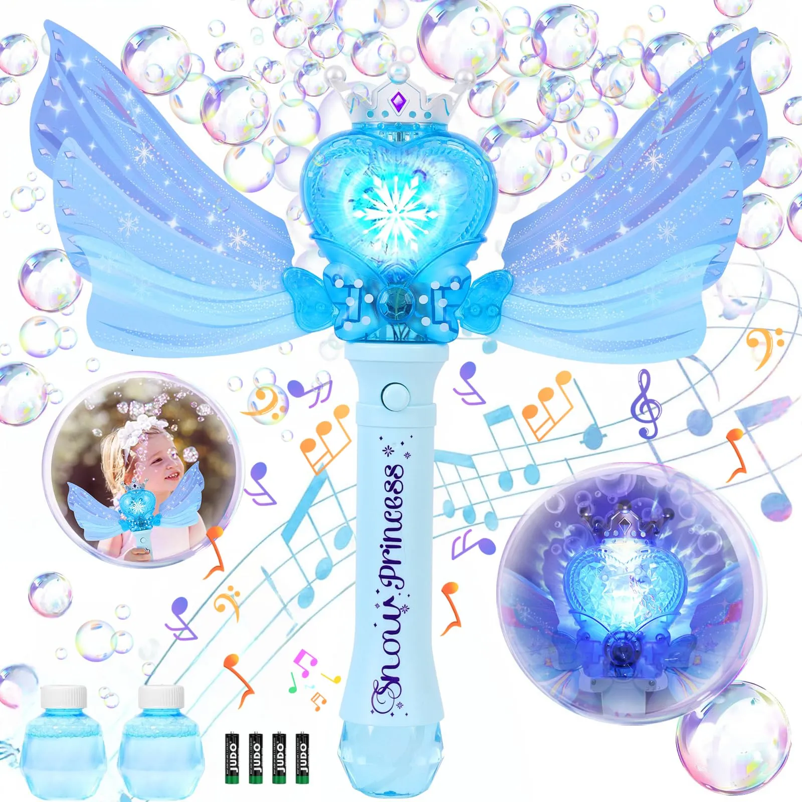 Bubble Wands for Kids Girls, Music & Light Up Bubble Machine: 4 AA Batteries & 2 Bubble Solutions, Outdoor Bubble Toys for Princess Parties Birthday Gift for 3 4 5 6 7 8 Year Old Girls（Blue）