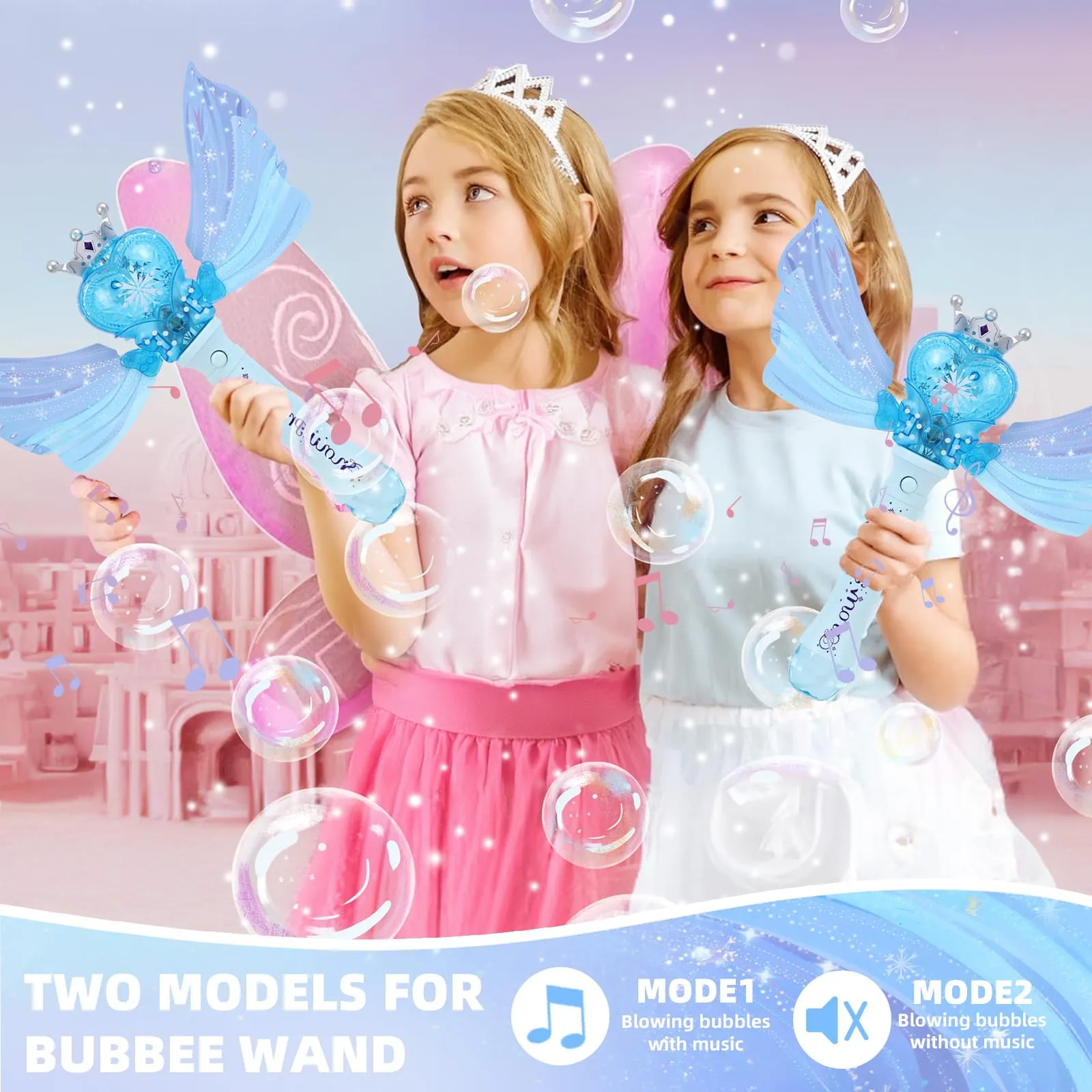 Bubble Wands for Kids Girls, Music & Light Up Bubble Machine: 4 AA Batteries & 2 Bubble Solutions, Outdoor Bubble Toys for Princess Parties Birthday Gift for 3 4 5 6 7 8 Year Old Girls（Blue）