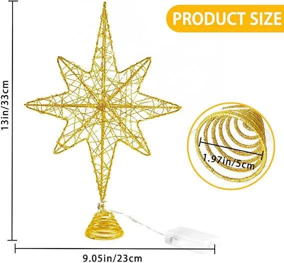 Christmas  20 LED Stars Curtain Lights,Christmas Tree Topper Lighted, 13.5'' Gold Glittered Xmas Hollow Star Tree Toppers Ornaments