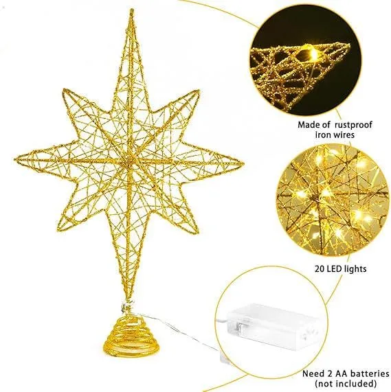 Christmas  20 LED Stars Curtain Lights,Christmas Tree Topper Lighted, 13.5'' Gold Glittered Xmas Hollow Star Tree Toppers Ornaments