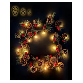 Christmas Garland with Lights, Battery Operated Christmas lights, String Lights with Bell, Needle, Pine Cones, Red Berries, Xmas Wreath for Tree, Fireplace, Indoor Decorations, 2m/6.6FT, 20 Led