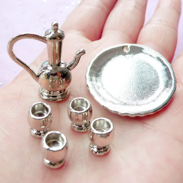 CLEARANCE Miniature Silver Wine Set | Dollhouse Wine Goblets, Wine Jug & Tray | Doll House Silverware (Set of 6 pcs)