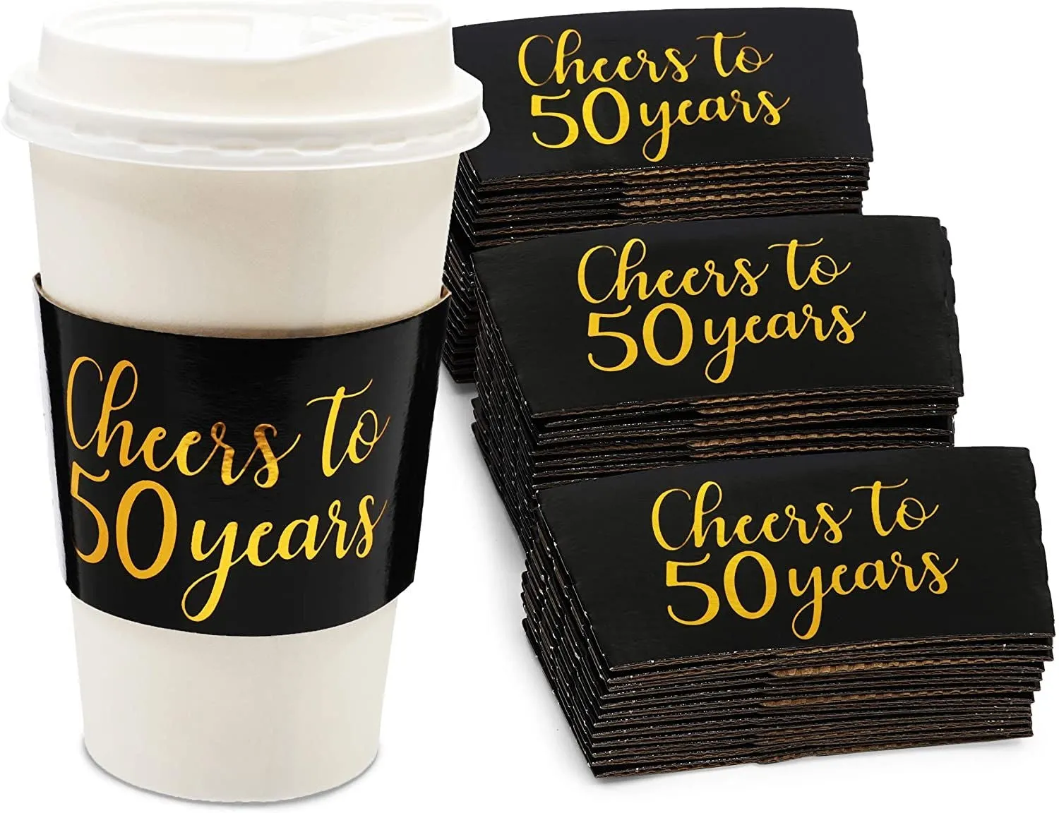 Coffee Cup Drink Sleeves for 50th Anniversary or Birthday, Fits 12-16 oz (Gold Foil, 50 Pack)