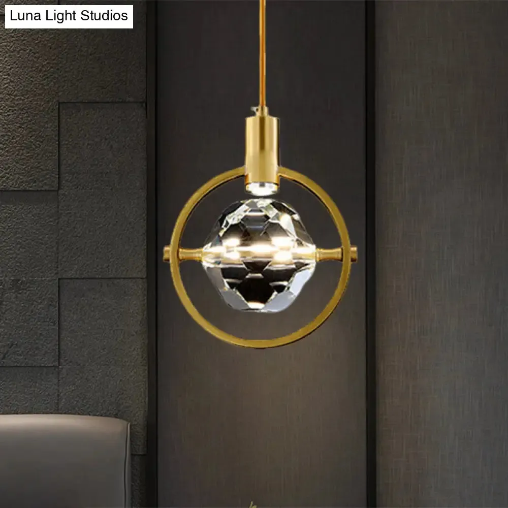 Contemporary LED Gold Crystal Hanging Lamp Kit - Bedroom Annular Suspension Light