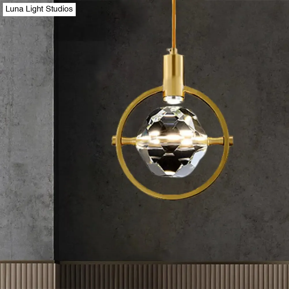 Contemporary LED Gold Crystal Hanging Lamp Kit - Bedroom Annular Suspension Light