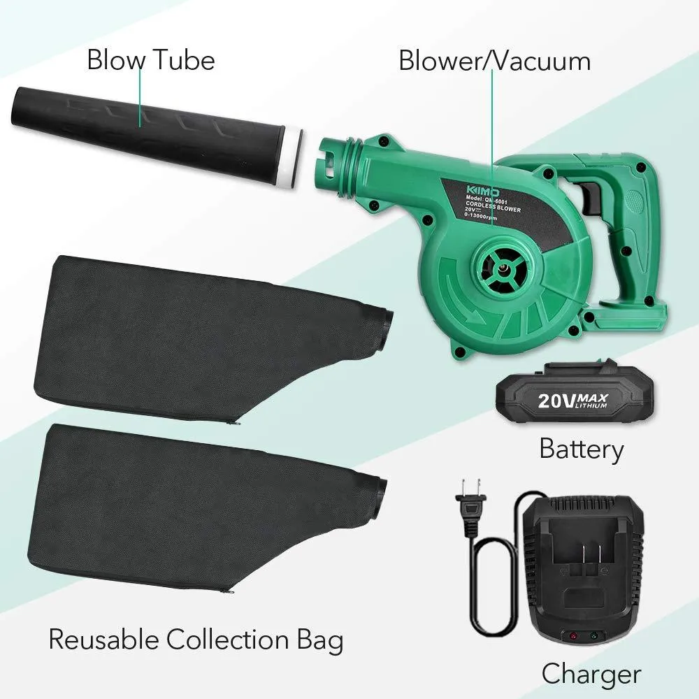 Cordless Leaf Blower - KIMO 20V Lithium 2-in-1 Sweeper/Vacuum 2.0 AH Battery for Blowing Leaf, Clearing Dust & Small Trash,Car, Computer Host,Hard to Clean Corner