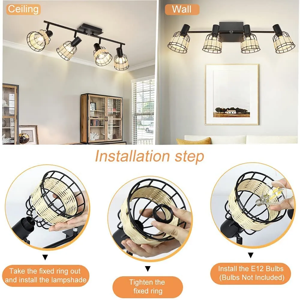 Depuley Modern Track Lighting Kit, 4-Head Rattan Track Wall Spotlight, Vintage Track Ceiling Spotlight, Farmhouse Bamboo Track Lamp with Woven Cage for Kitchen Dining Office