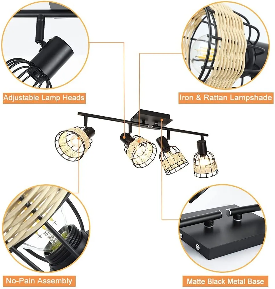 Depuley Modern Track Lighting Kit, 4-Head Rattan Track Wall Spotlight, Vintage Track Ceiling Spotlight, Farmhouse Bamboo Track Lamp with Woven Cage for Kitchen Dining Office