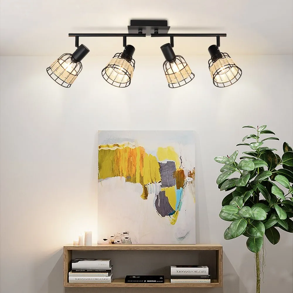 Depuley Modern Track Lighting Kit, 4-Head Rattan Track Wall Spotlight, Vintage Track Ceiling Spotlight, Farmhouse Bamboo Track Lamp with Woven Cage for Kitchen Dining Office