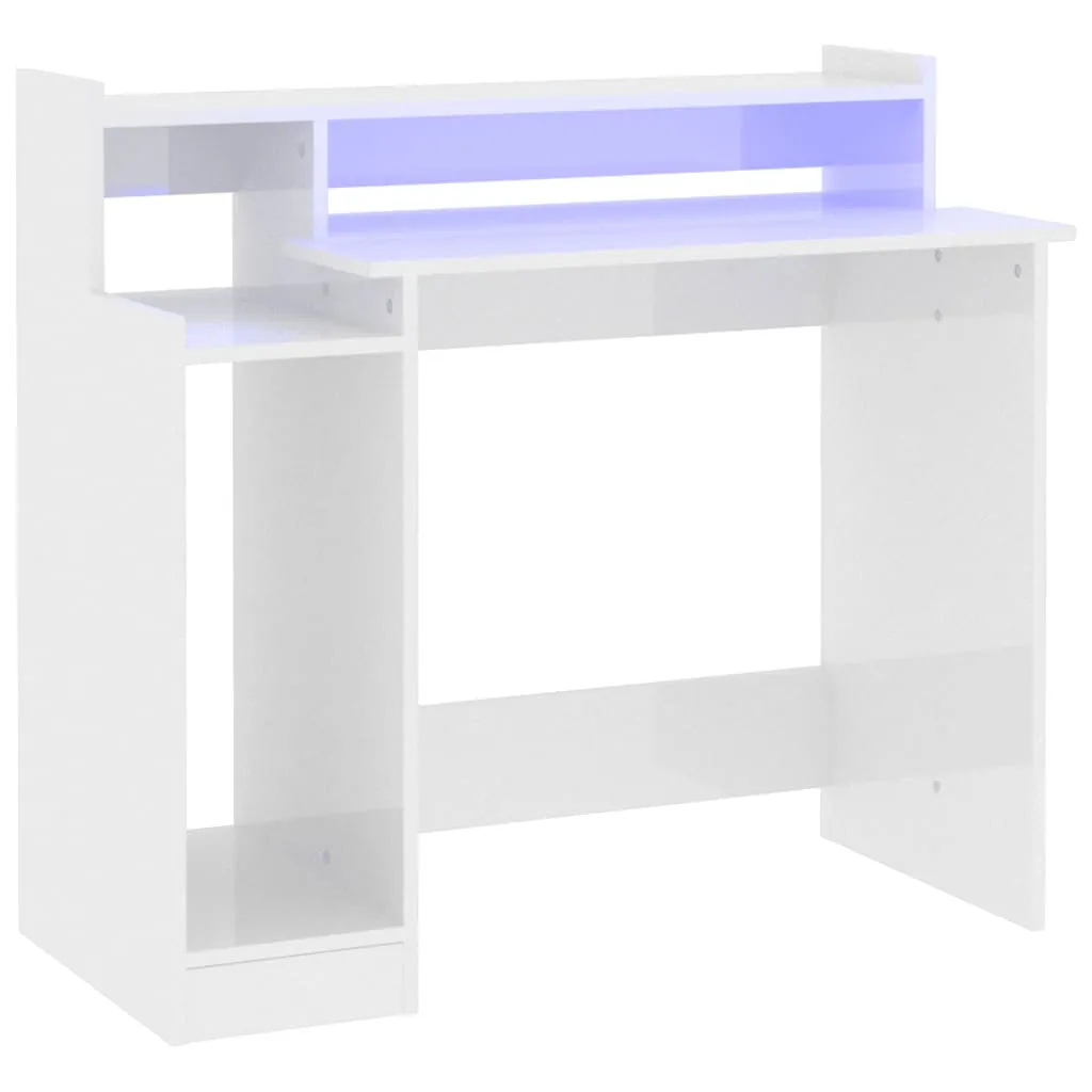 Desk with LED Lights High Gloss White  97x45x90 cm Engineered Wood