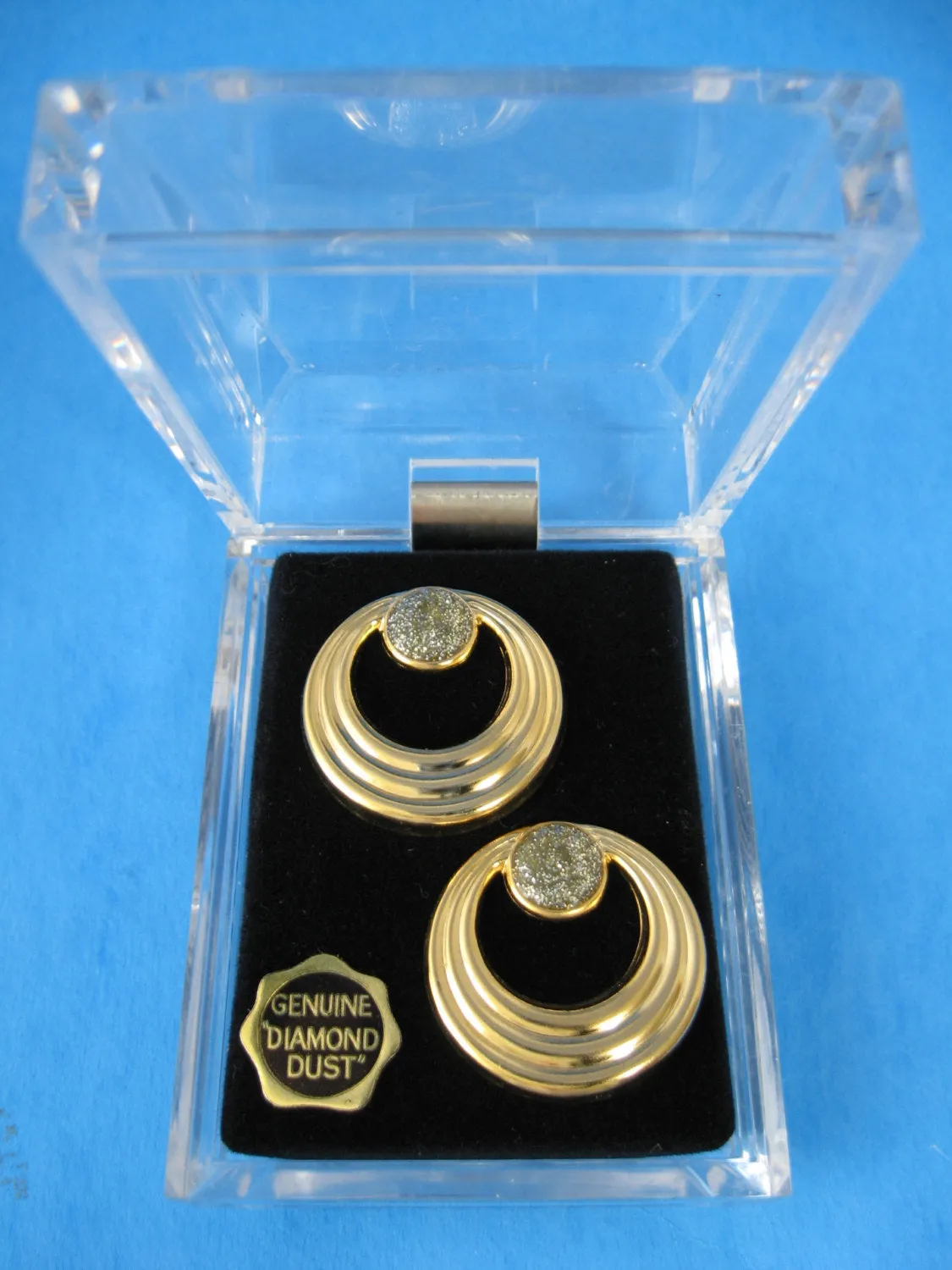 Earrings Diamond Dust Posts 1950s Retro Gold Hoops Lucite Box Natural Diamonds