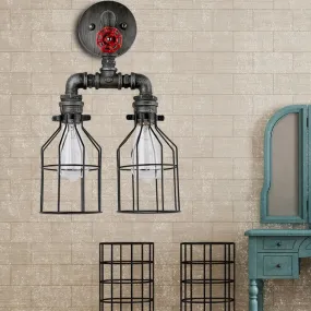 Farmhouse Caged Wall Sconce with Pipe Arm - 2-Light Wrought Iron Black Wall Lamp