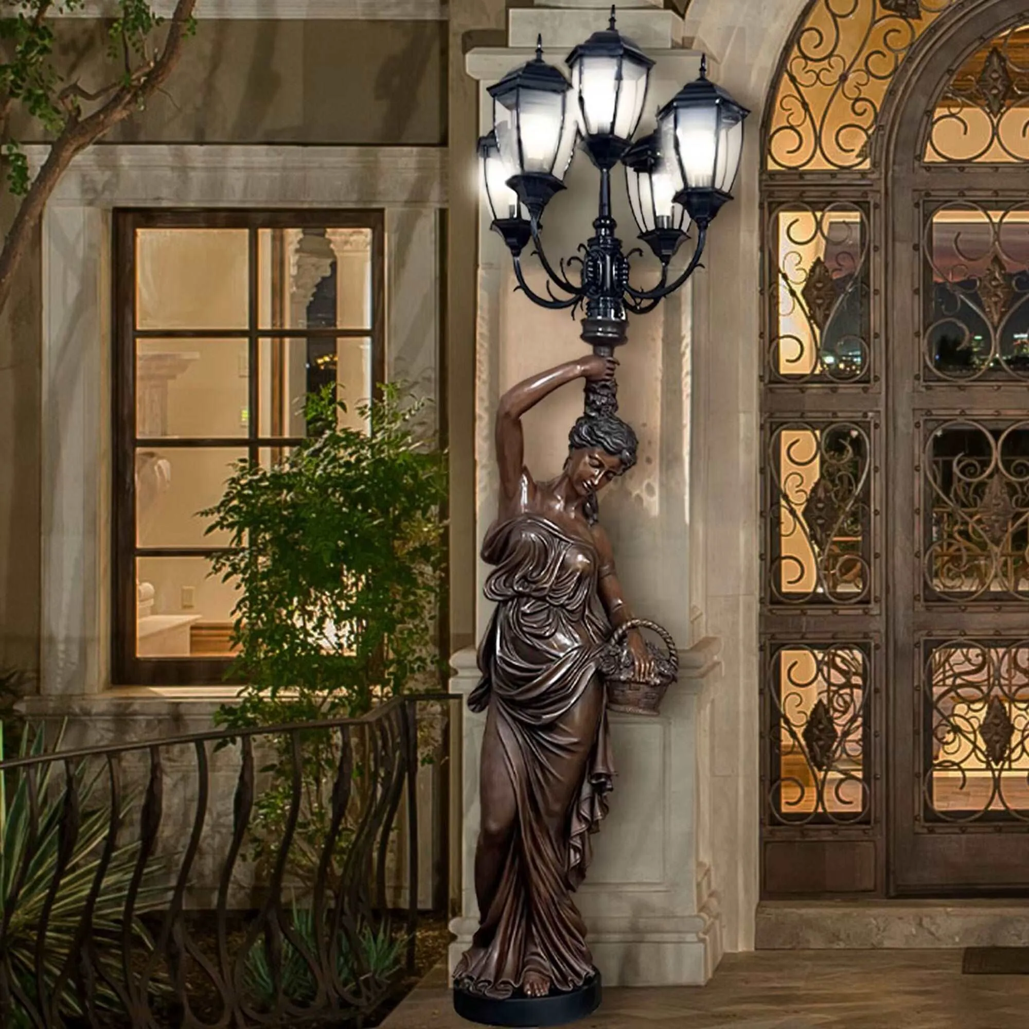 FINEST Elegant Bronze Lady Lamp Post Sculptures - Pair FB-045