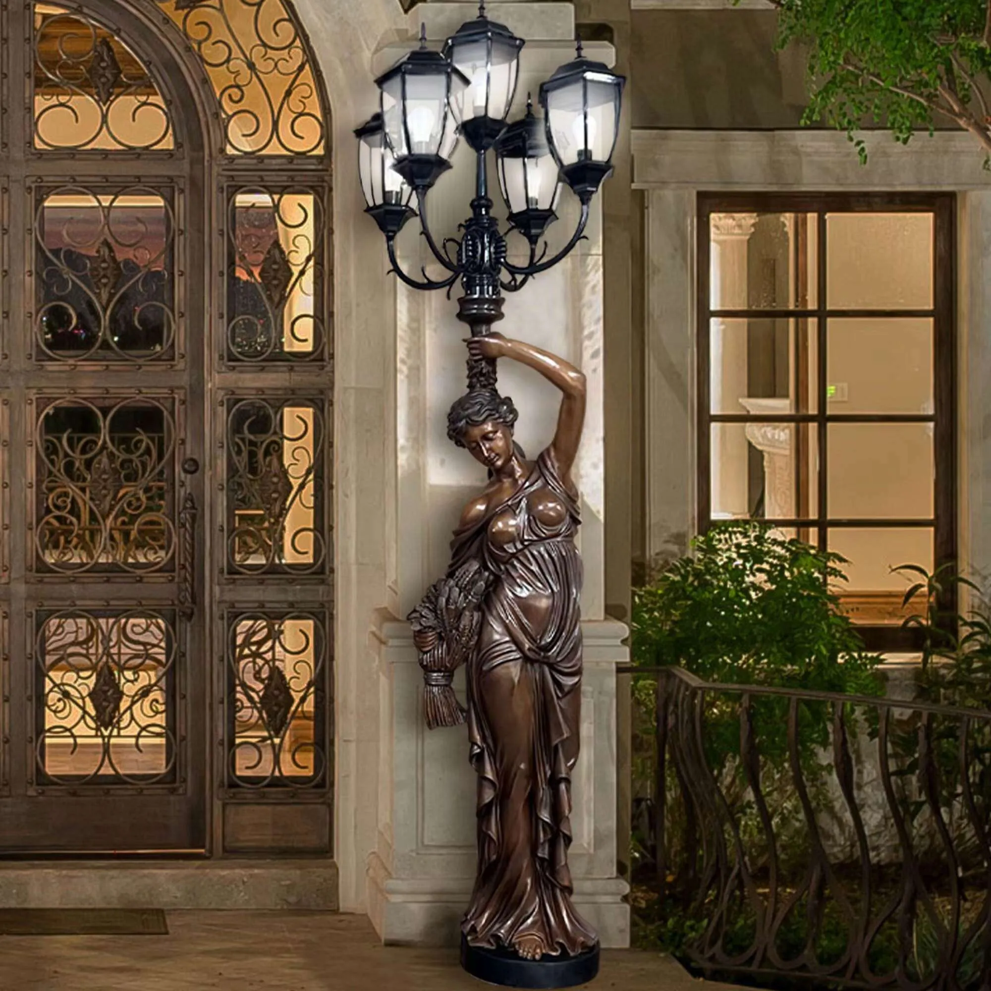 FINEST Elegant Bronze Lady Lamp Post Sculptures - Pair FB-045