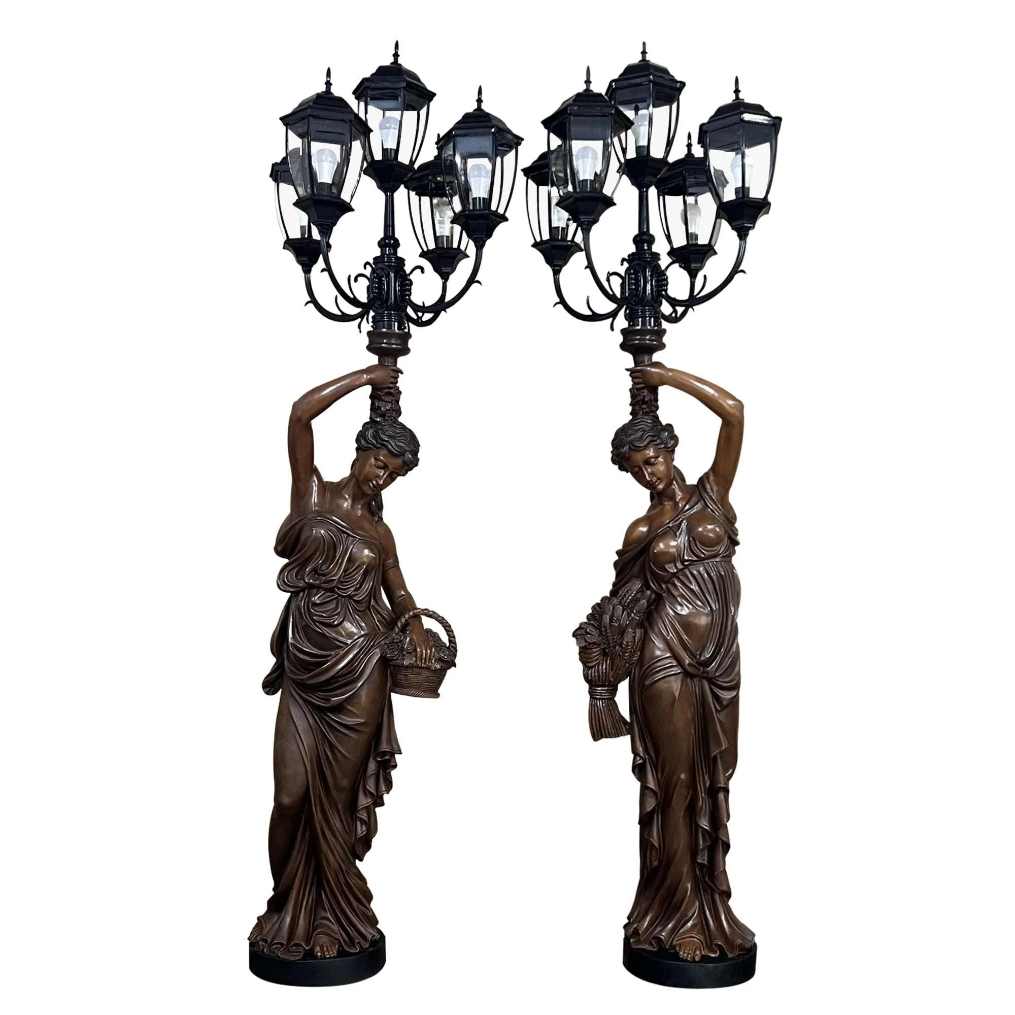 FINEST Elegant Bronze Lady Lamp Post Sculptures - Pair FB-045