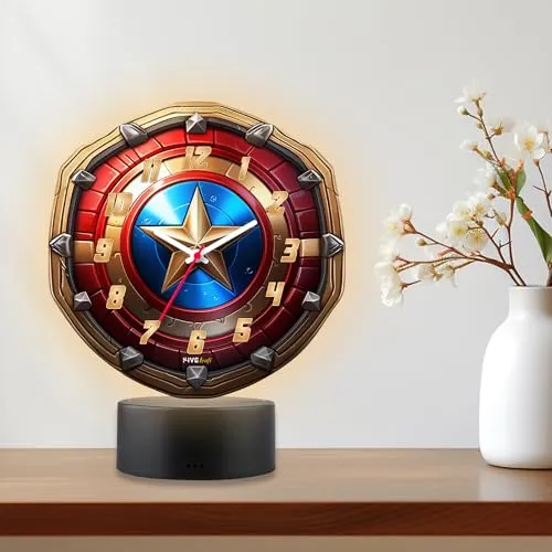 FIVE KRAFT Super Hero Shield Premium Table Clock with LED Base Light in Warm Colour (Table Top Decor for Kids Room)