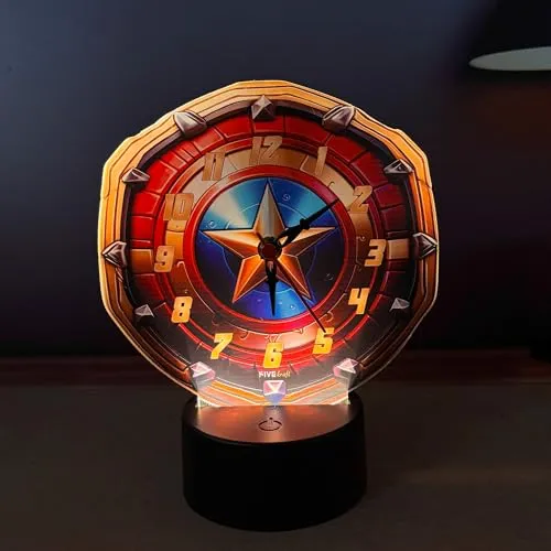 FIVE KRAFT Super Hero Shield Premium Table Clock with LED Base Light in Warm Colour (Table Top Decor for Kids Room)