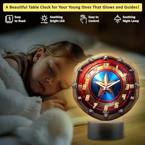 FIVE KRAFT Super Hero Shield Premium Table Clock with LED Base Light in Warm Colour (Table Top Decor for Kids Room)