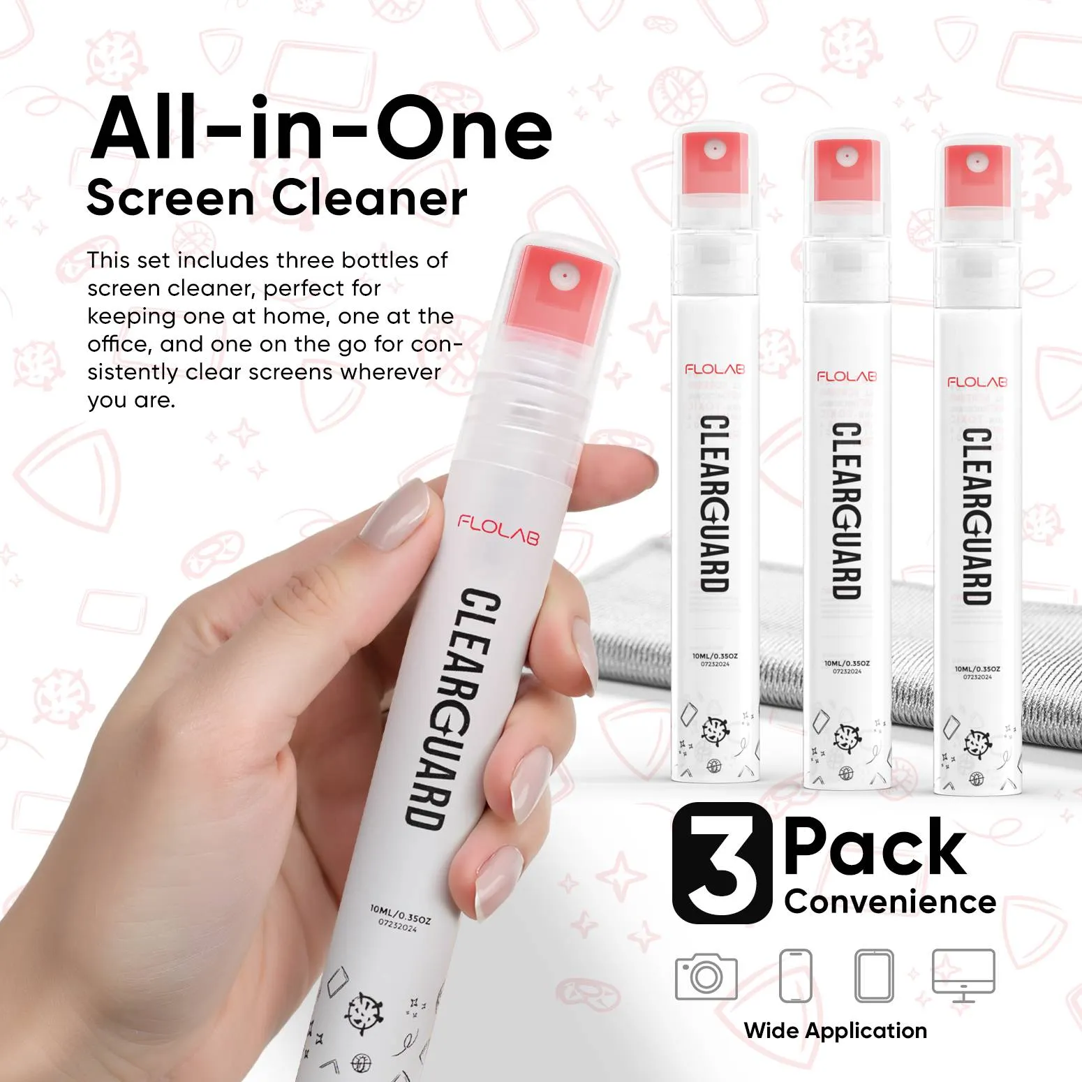 FLOLAB Clear Guard Screen Cleaner 10ml 3 packs - Easy to Clean, Portable, Ultra Soft Microfiber Cloth