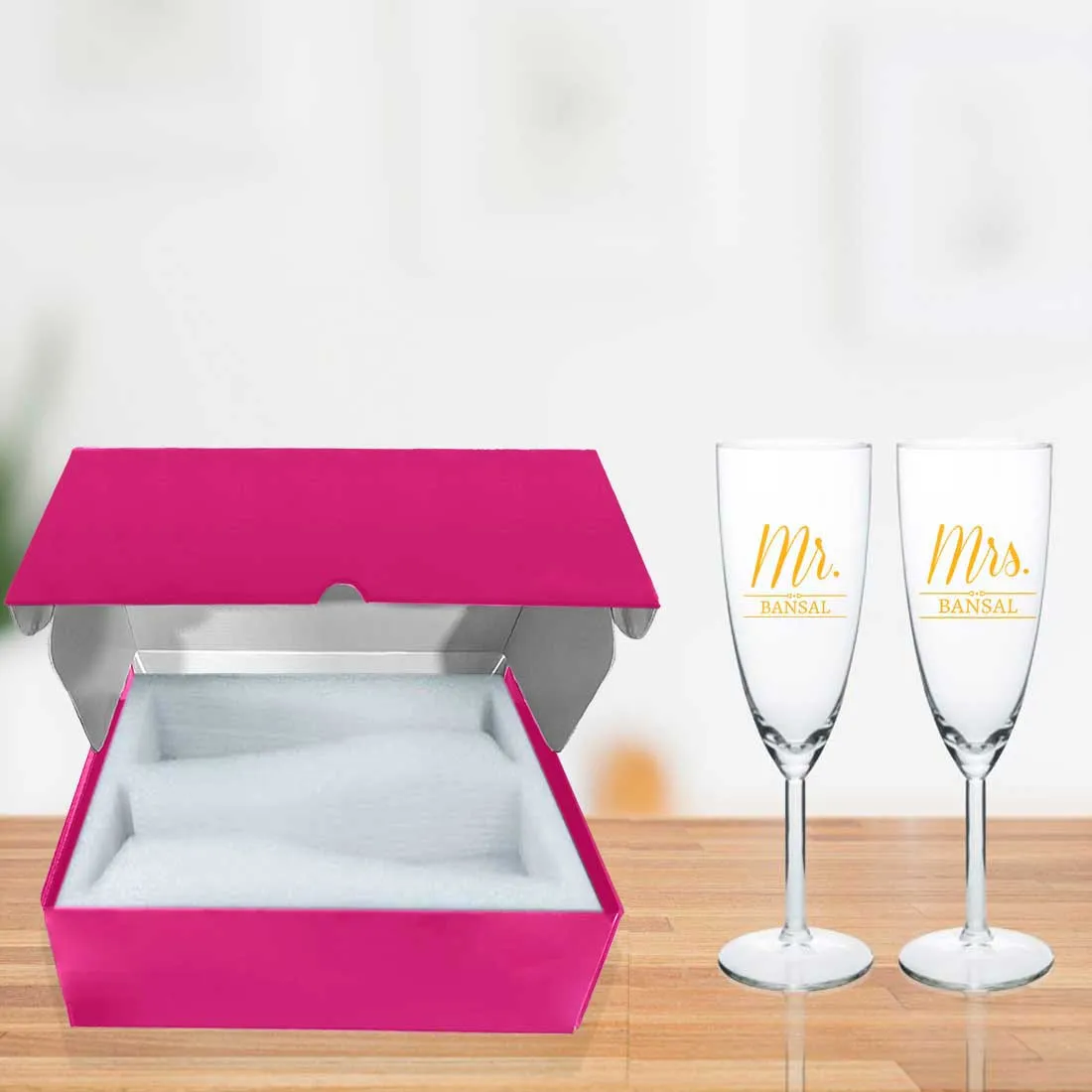 Gift Box With Mr and Mrs Champagne Glasses Set of 2 Available in Black & Pink Boxes - Anniversary Gifts